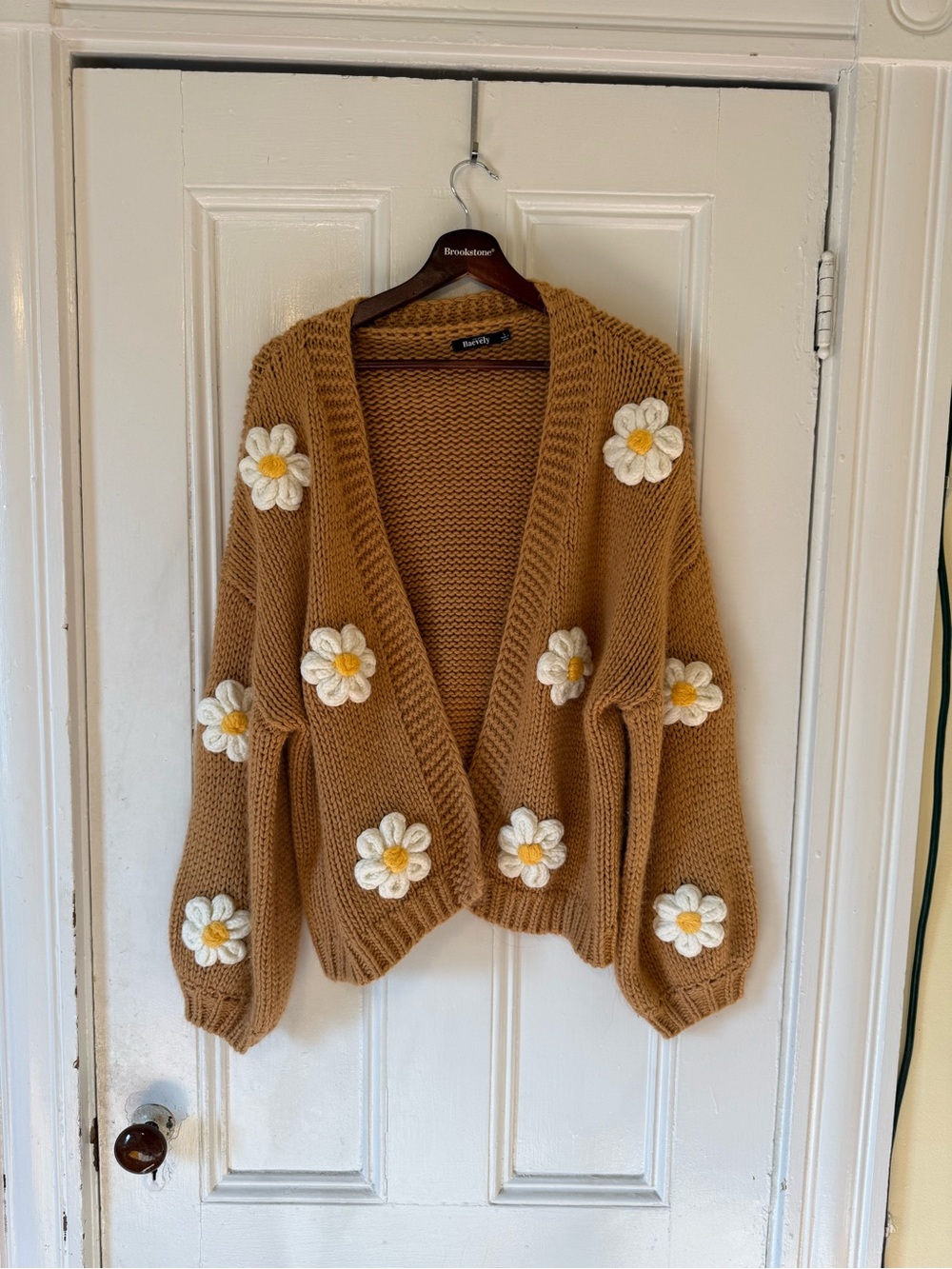 Cable Knit Camel Cardigan with White Daisy Appliqués